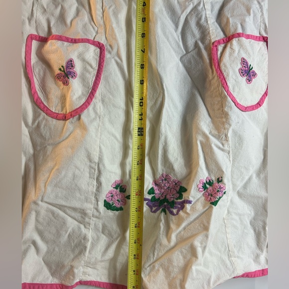 Vintage Half Apron Embroidered Flowers Pockets Pink Trim M-XL Butterfly Tie Back - Picture 4 of 6